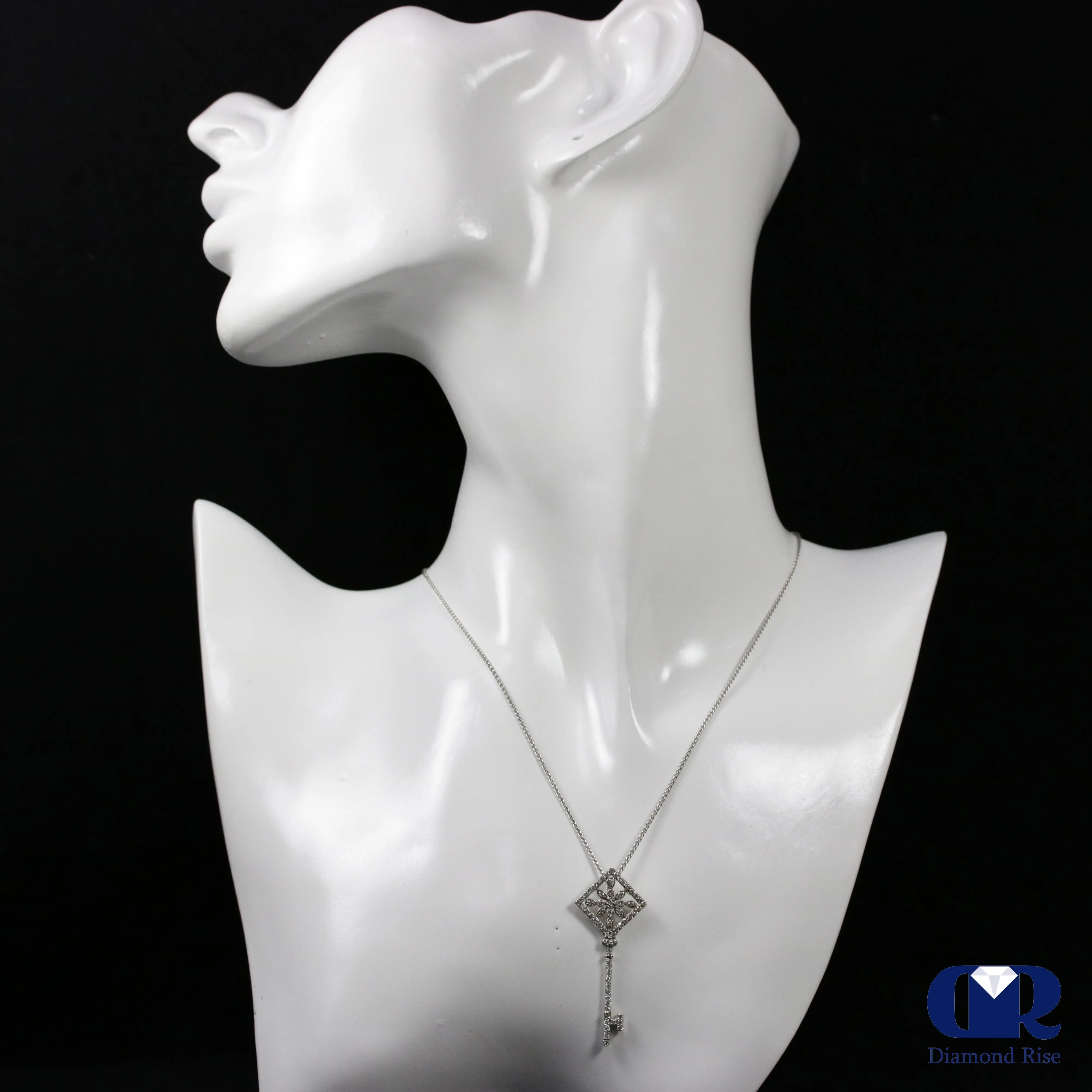 0.72 Carat Round Cut Diamond Key Pendant Necklace 14K White Gold 16" Chain