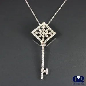 0.72 Carat Round Cut Diamond Key Pendant Necklace 14K White Gold 16" Chain