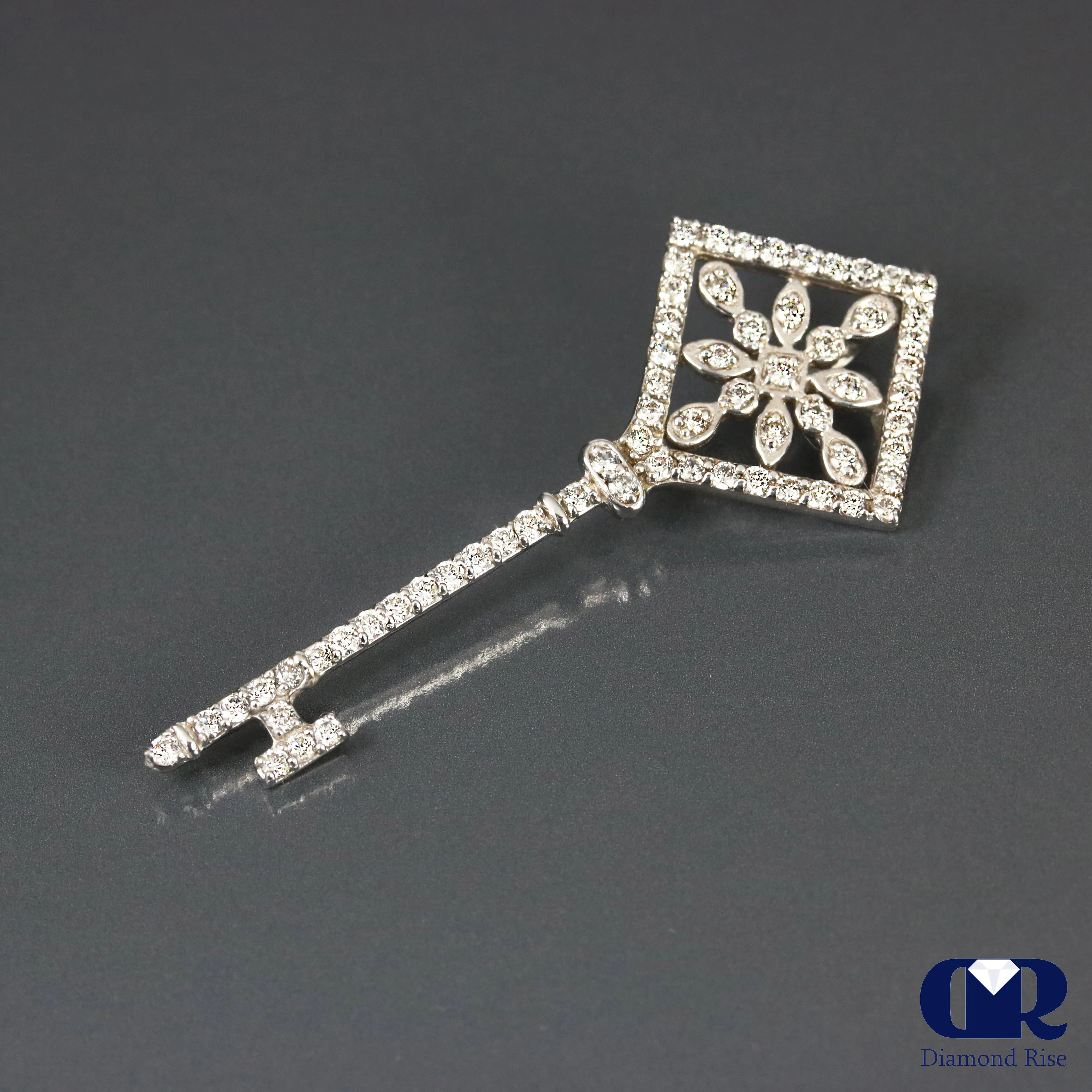0.72 Carat Round Cut Diamond Key Pendant Necklace 14K White Gold 16" Chain