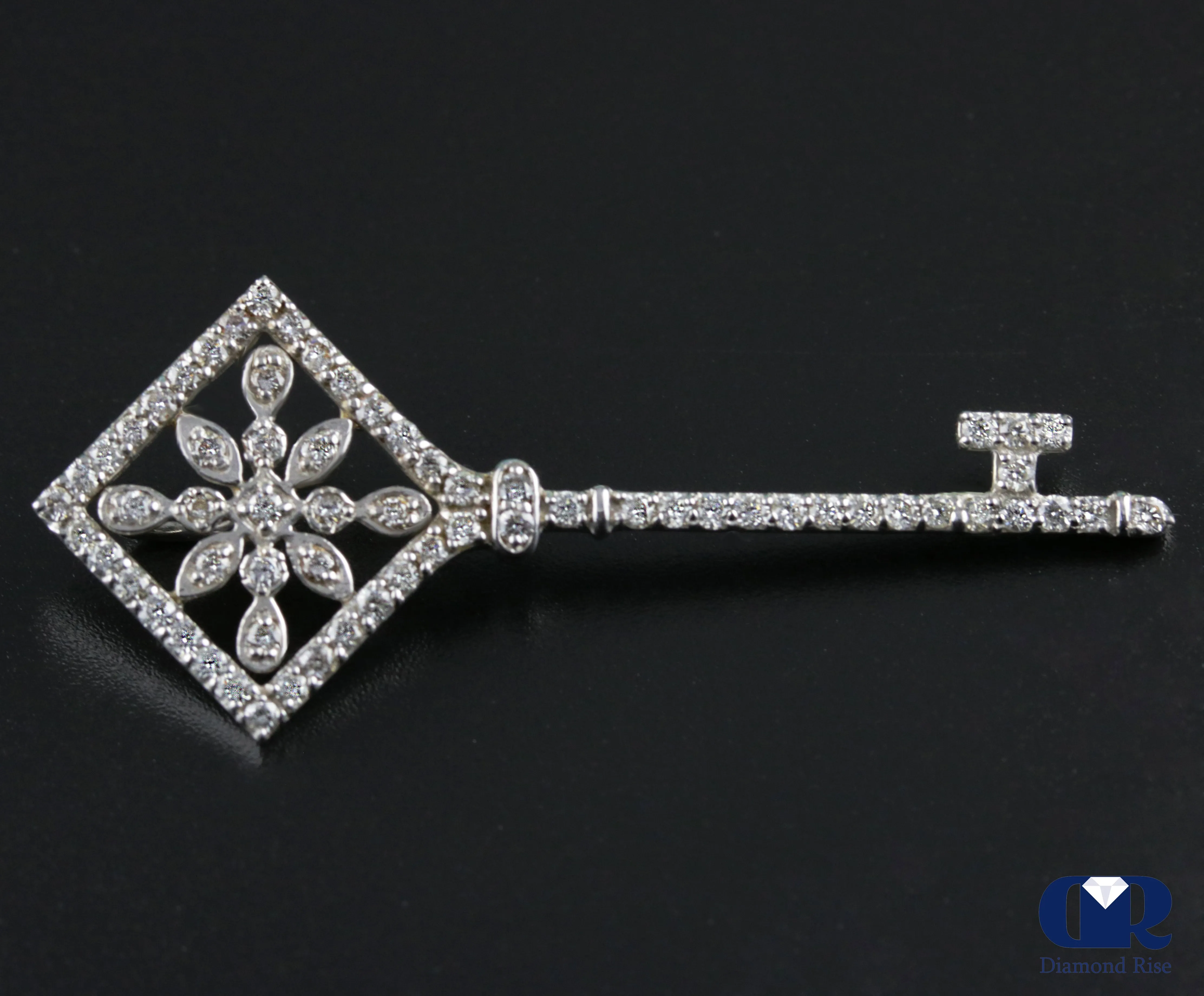 0.72 Carat Round Cut Diamond Key Pendant Necklace 14K White Gold 16" Chain