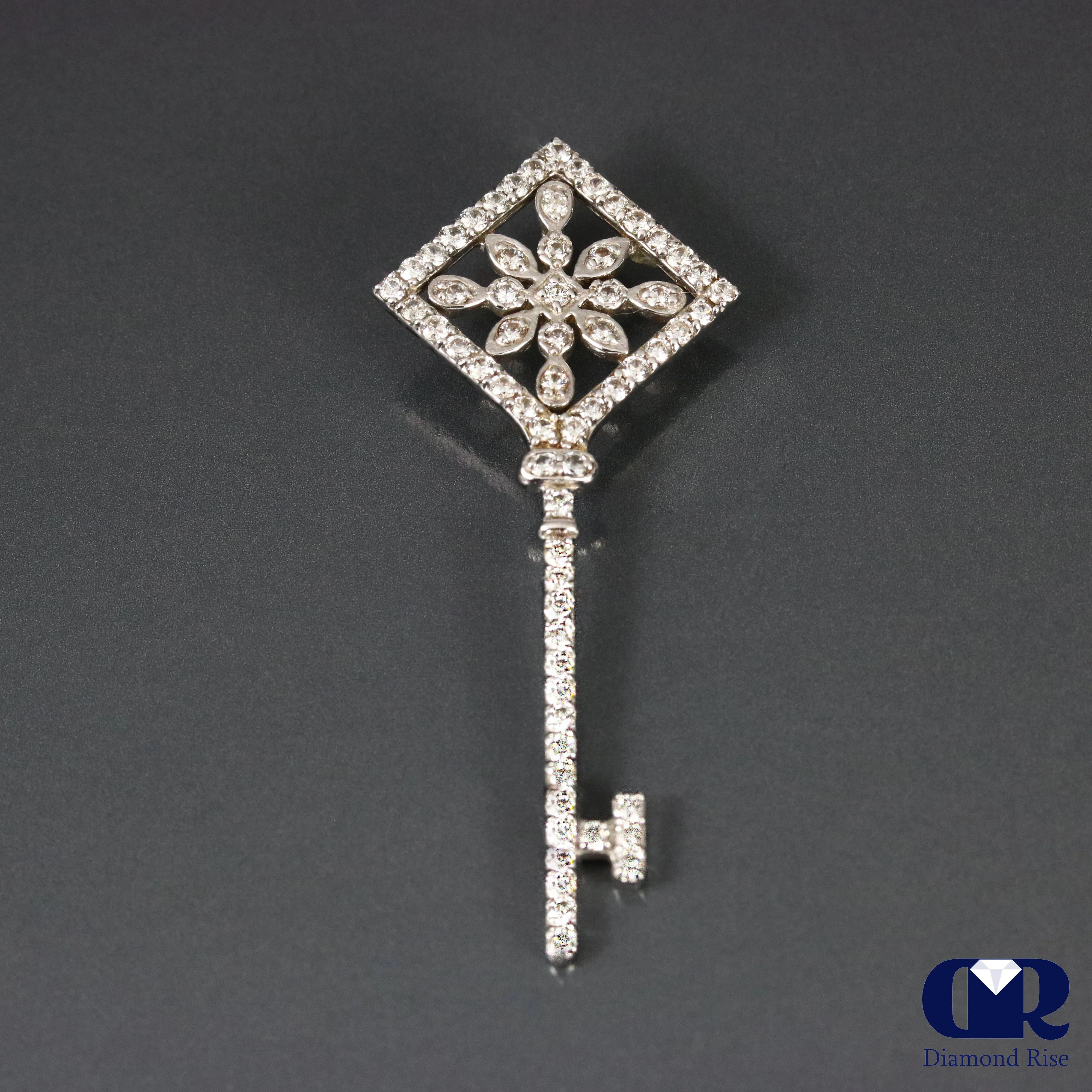 0.72 Carat Round Cut Diamond Key Pendant Necklace 14K White Gold 16" Chain