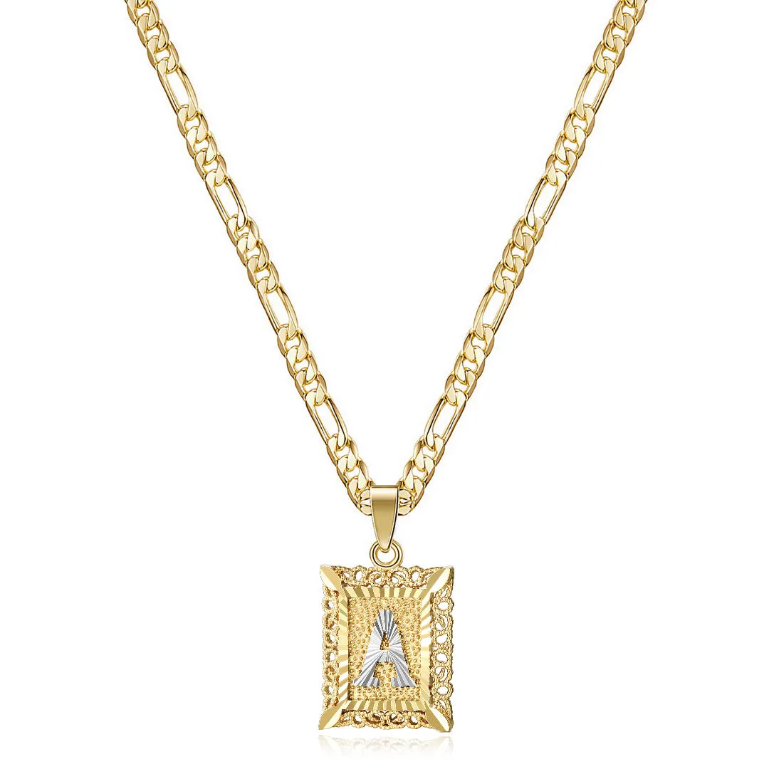 14K Gold Plated Initial Letter Pendant Square Necklace for Men Women with Two Color