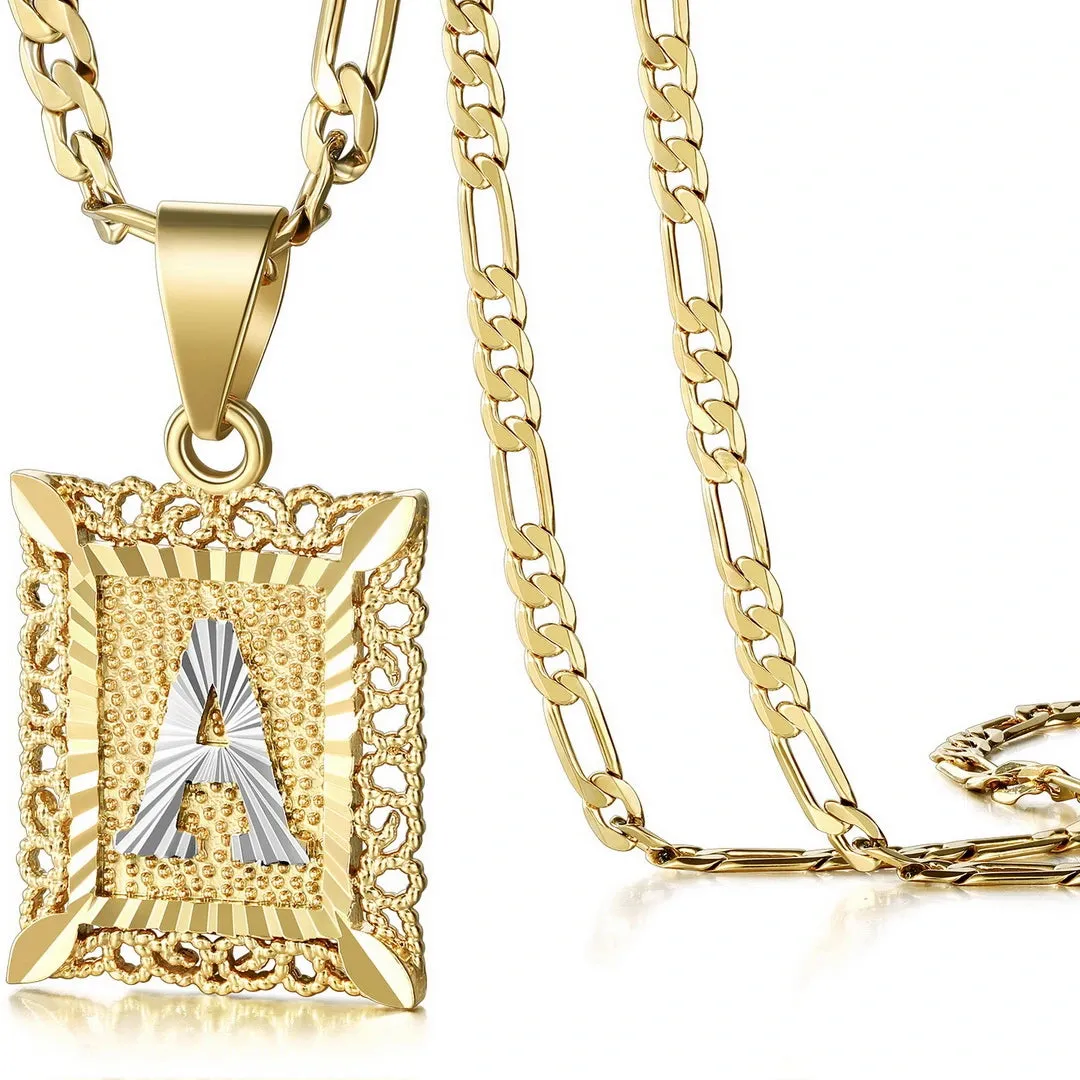 14K Gold Plated Initial Letter Pendant Square Necklace for Men Women with Two Color