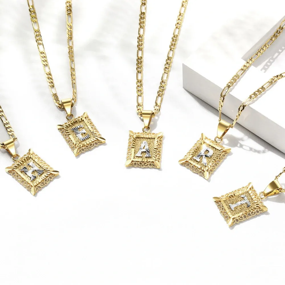 14K Gold Plated Initial Letter Pendant Square Necklace for Men Women with Two Color
