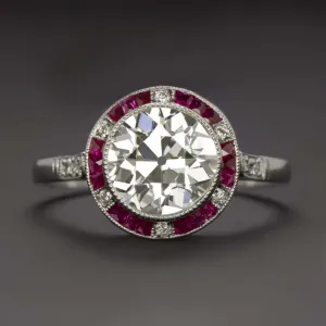 1.82ct CERT J-K VS1 OLD CUT DIAMOND ENGAGEMENT RING RUBY PLATINUM VINTAGE STYLE
