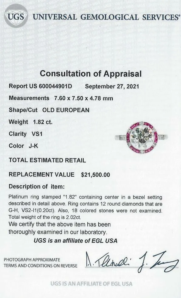 1.82ct CERT J-K VS1 OLD CUT DIAMOND ENGAGEMENT RING RUBY PLATINUM VINTAGE STYLE