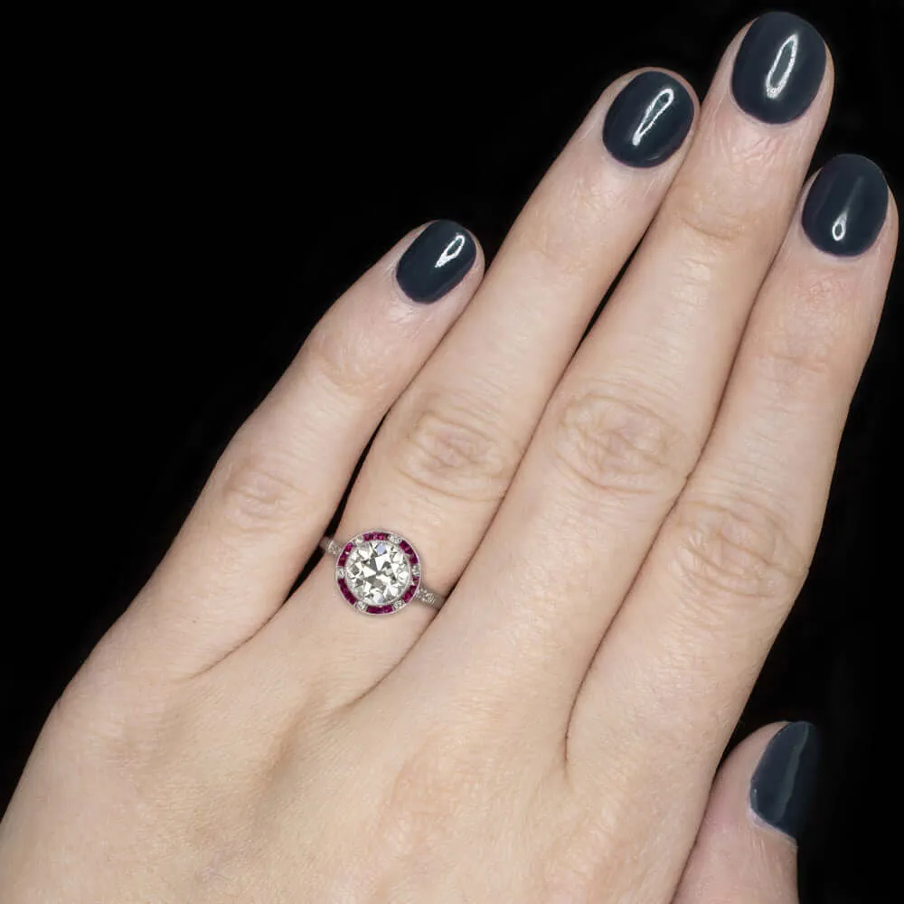 1.82ct CERT J-K VS1 OLD CUT DIAMOND ENGAGEMENT RING RUBY PLATINUM VINTAGE STYLE