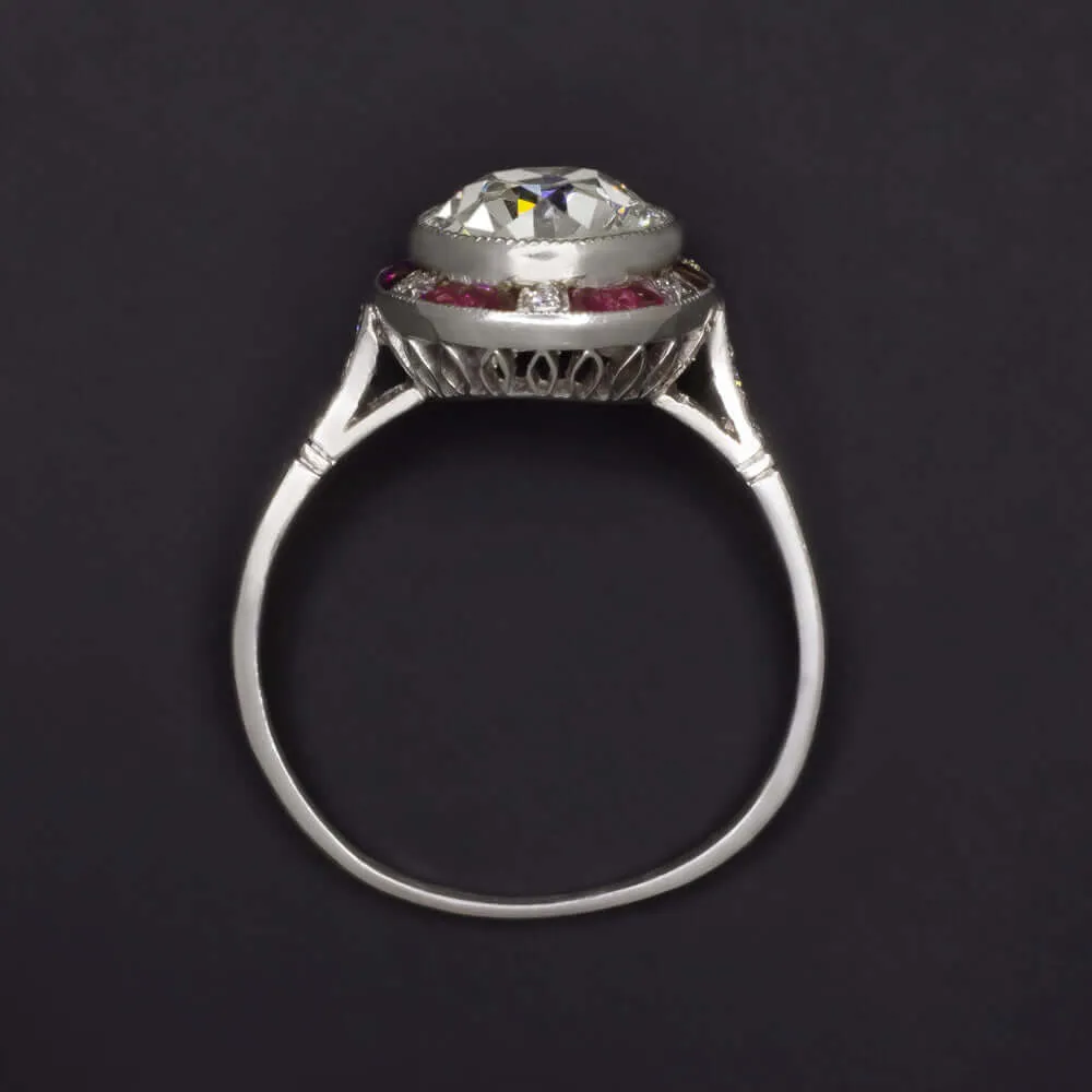 1.82ct CERT J-K VS1 OLD CUT DIAMOND ENGAGEMENT RING RUBY PLATINUM VINTAGE STYLE