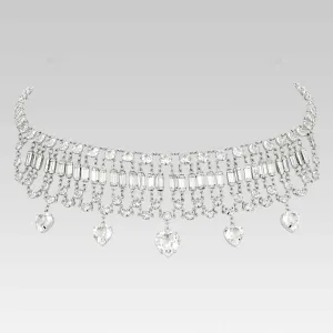 1928 Jewelry Vintage Austrian Crystal Baguette and Heart Drop Necklace 12.5   3" Extender