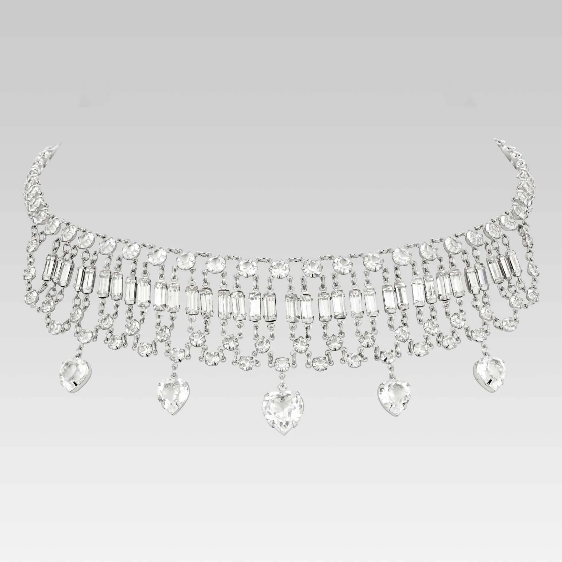 1928 Jewelry Vintage Austrian Crystal Baguette and Heart Drop Necklace 12.5   3" Extender
