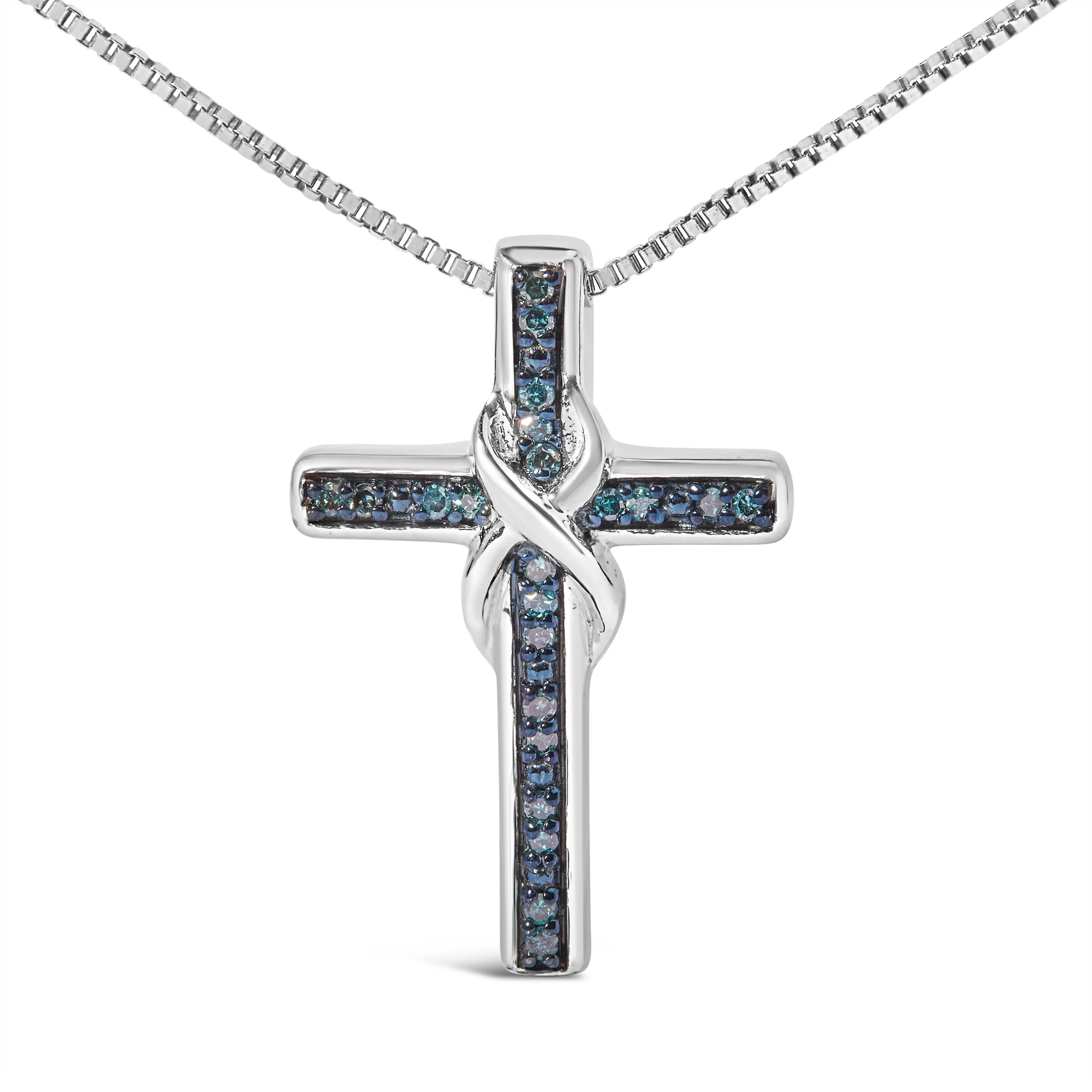 .925 Sterling Silver 1/10 Cttw Blue Diamond Inlaid Cross with Ribbon Pendant Necklace