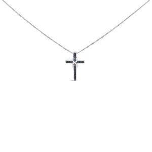 .925 Sterling Silver 1/10 Cttw Blue Diamond Inlaid Cross with Ribbon Pendant Necklace