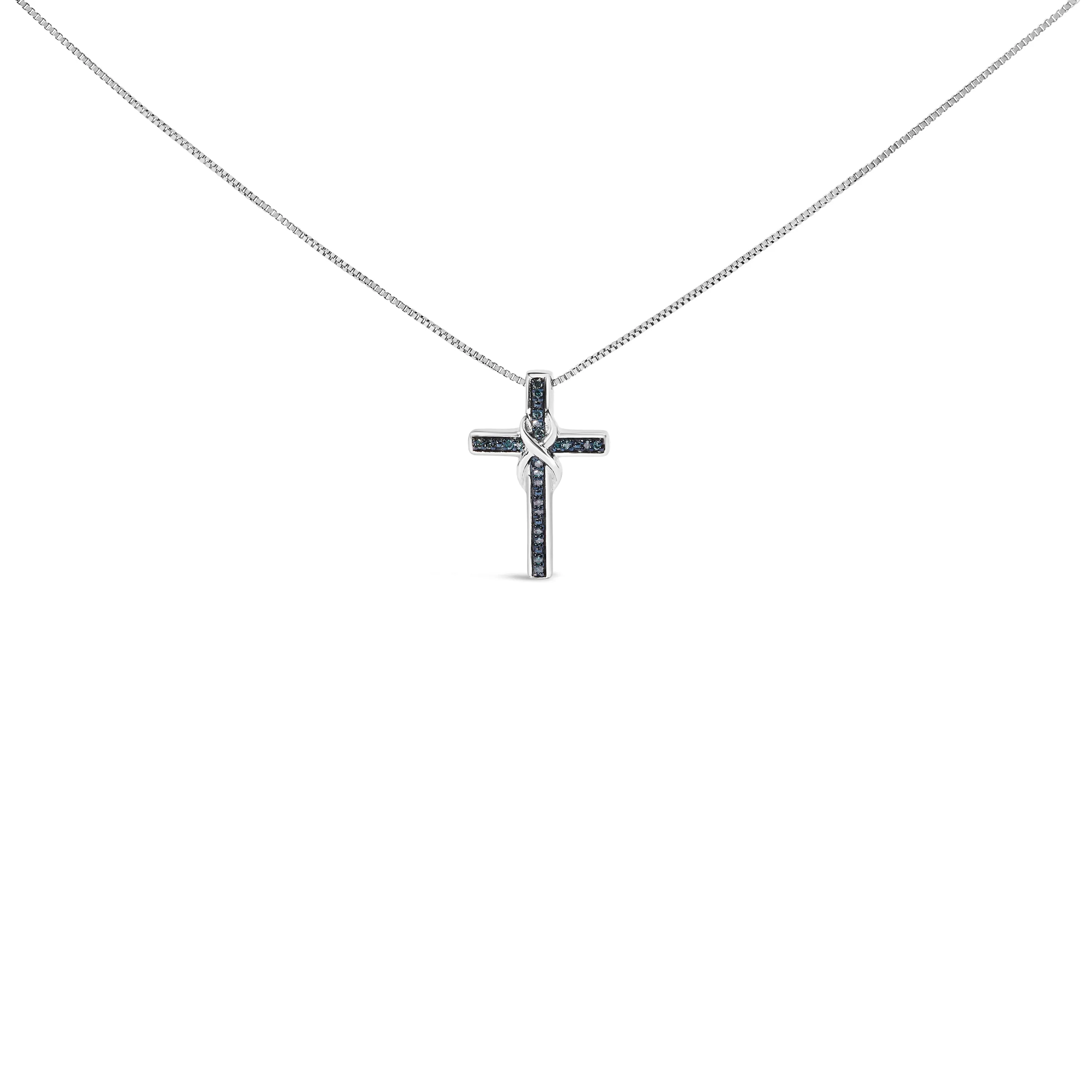 .925 Sterling Silver 1/10 Cttw Blue Diamond Inlaid Cross with Ribbon Pendant Necklace