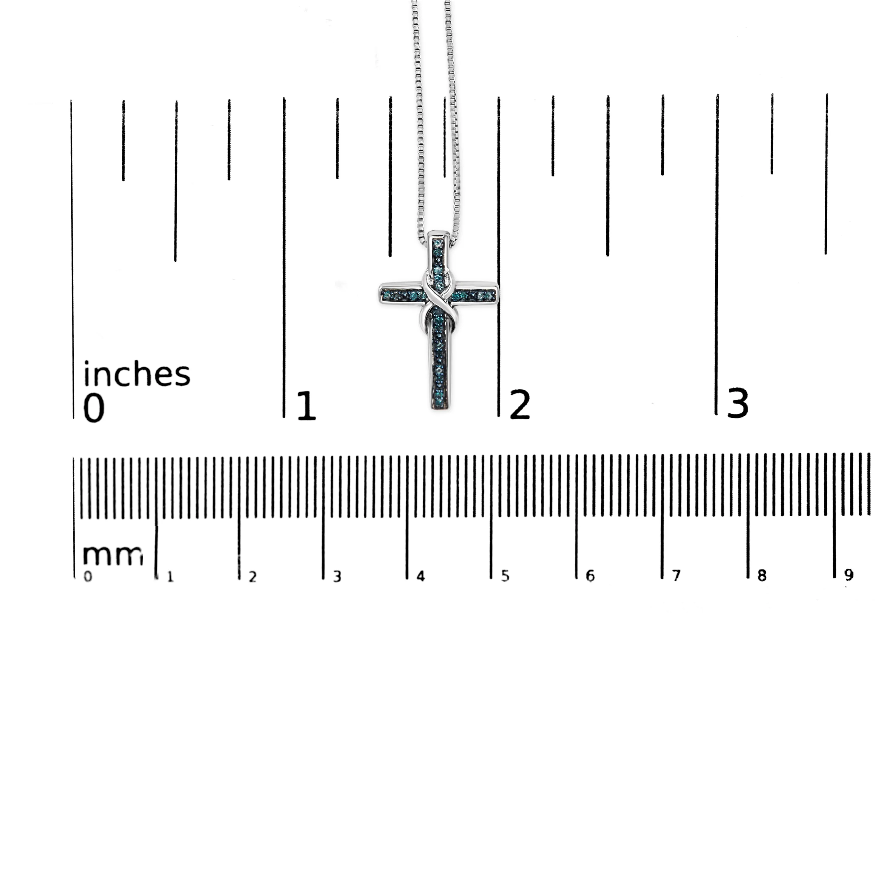 .925 Sterling Silver 1/10 Cttw Blue Diamond Inlaid Cross with Ribbon Pendant Necklace