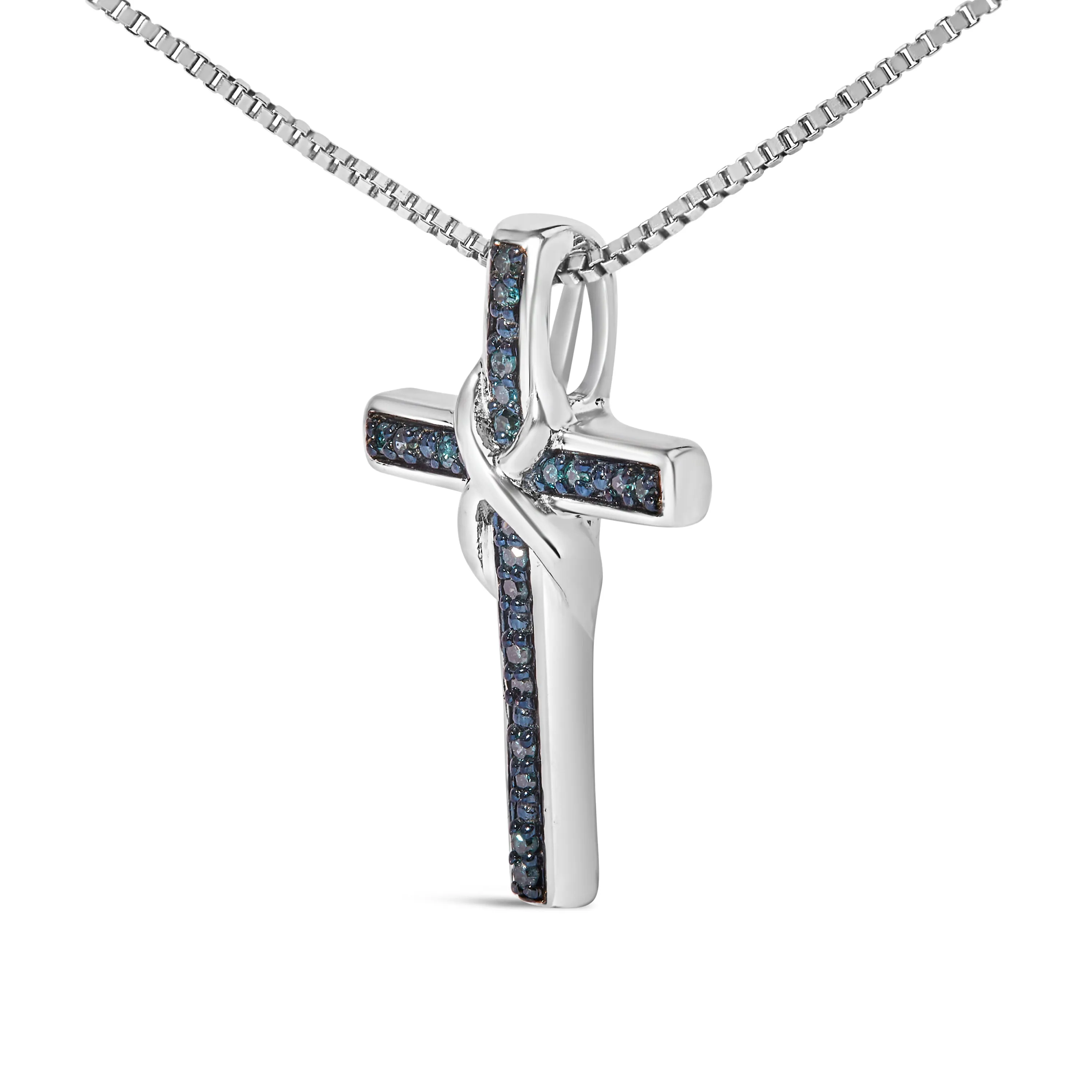 .925 Sterling Silver 1/10 Cttw Blue Diamond Inlaid Cross with Ribbon Pendant Necklace