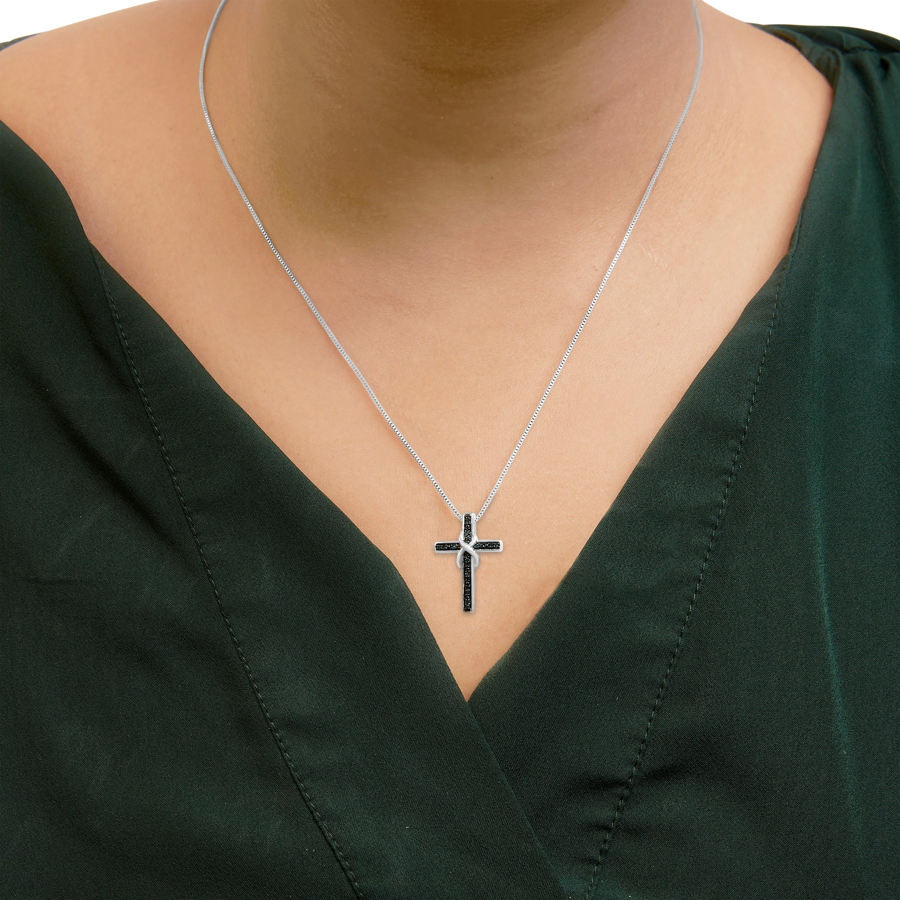 .925 Sterling Silver 1/10 Cttw Blue Diamond Inlaid Cross with Ribbon Pendant Necklace