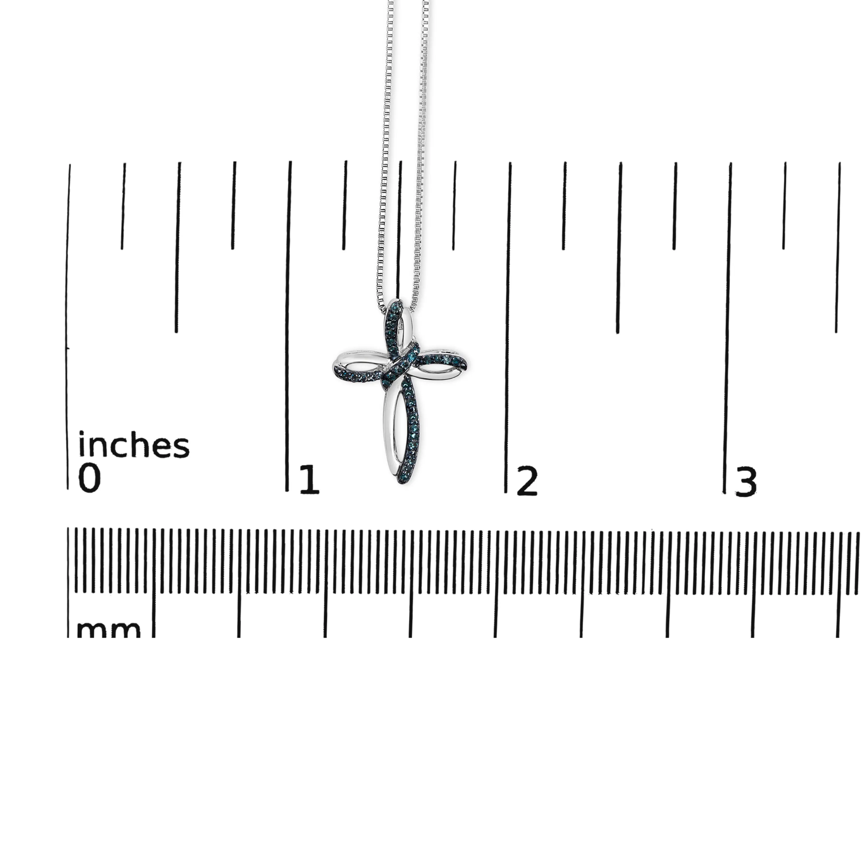 .925 Sterling Silver 1/10 Cttw Blue Diamond Swirl Ribbon and Cross Pendant Necklace