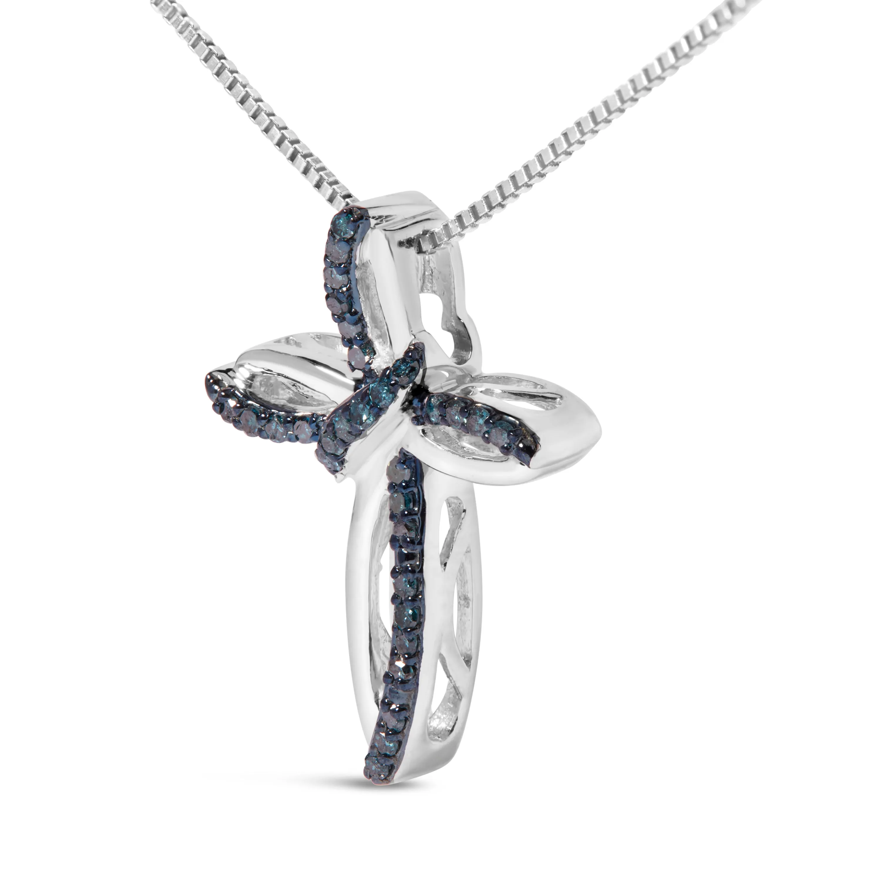 .925 Sterling Silver 1/10 Cttw Blue Diamond Swirl Ribbon and Cross Pendant Necklace