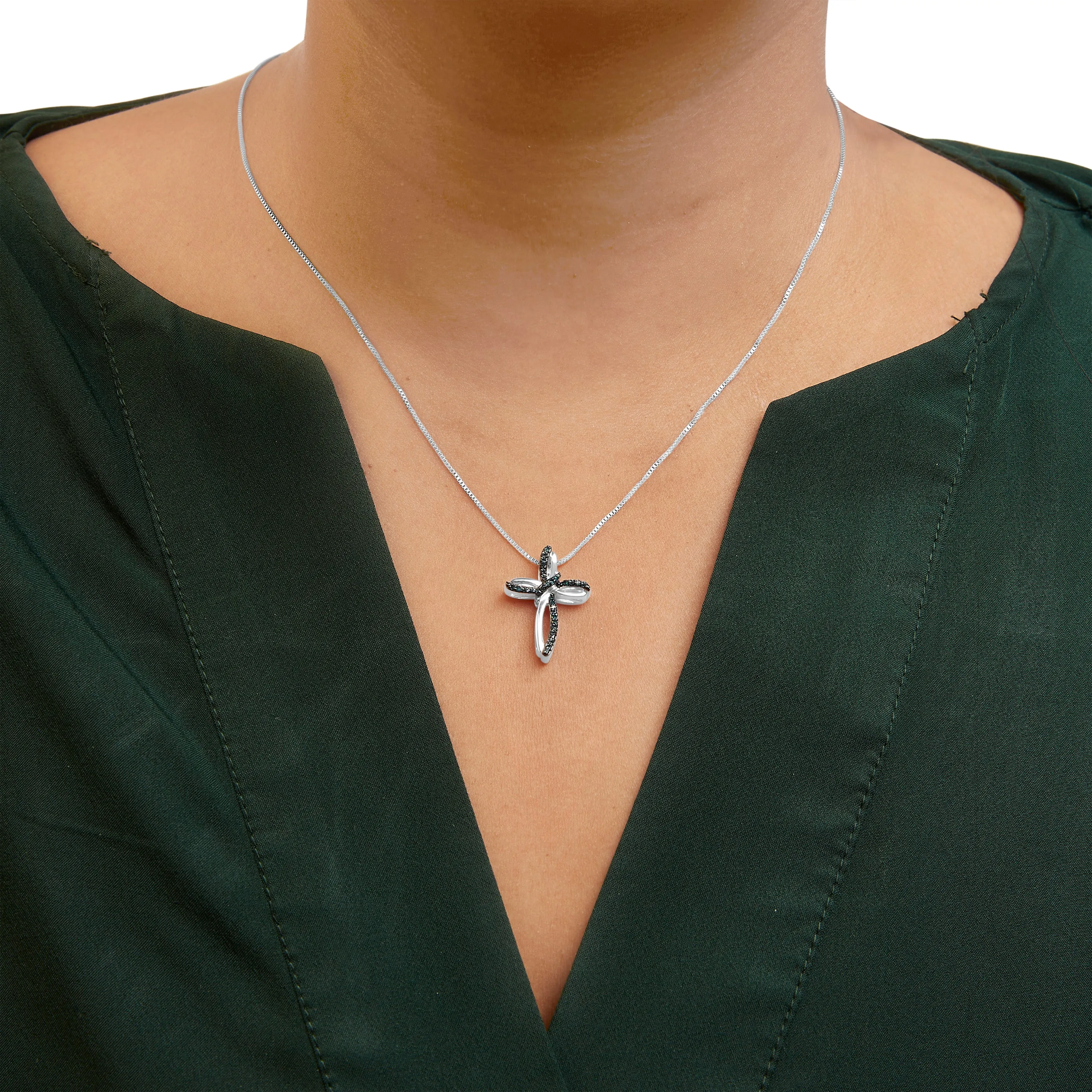 .925 Sterling Silver 1/10 Cttw Blue Diamond Swirl Ribbon and Cross Pendant Necklace