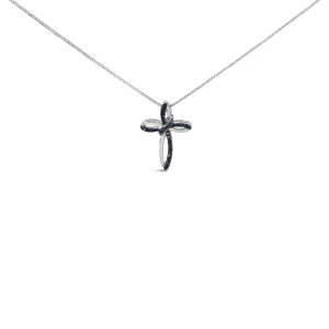 .925 Sterling Silver 1/10 Cttw Blue Diamond Swirl Ribbon and Cross Pendant Necklace