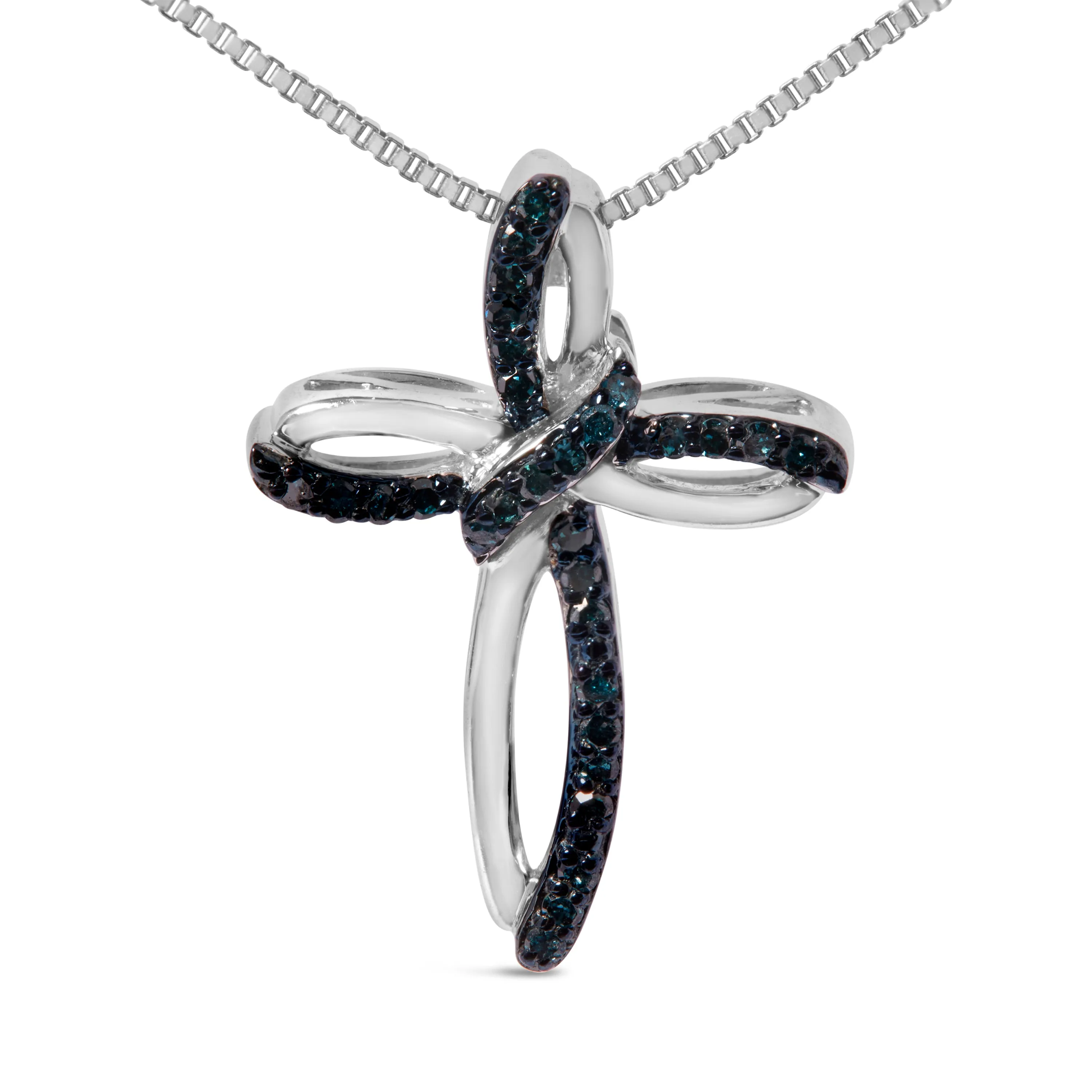 .925 Sterling Silver 1/10 Cttw Blue Diamond Swirl Ribbon and Cross Pendant Necklace