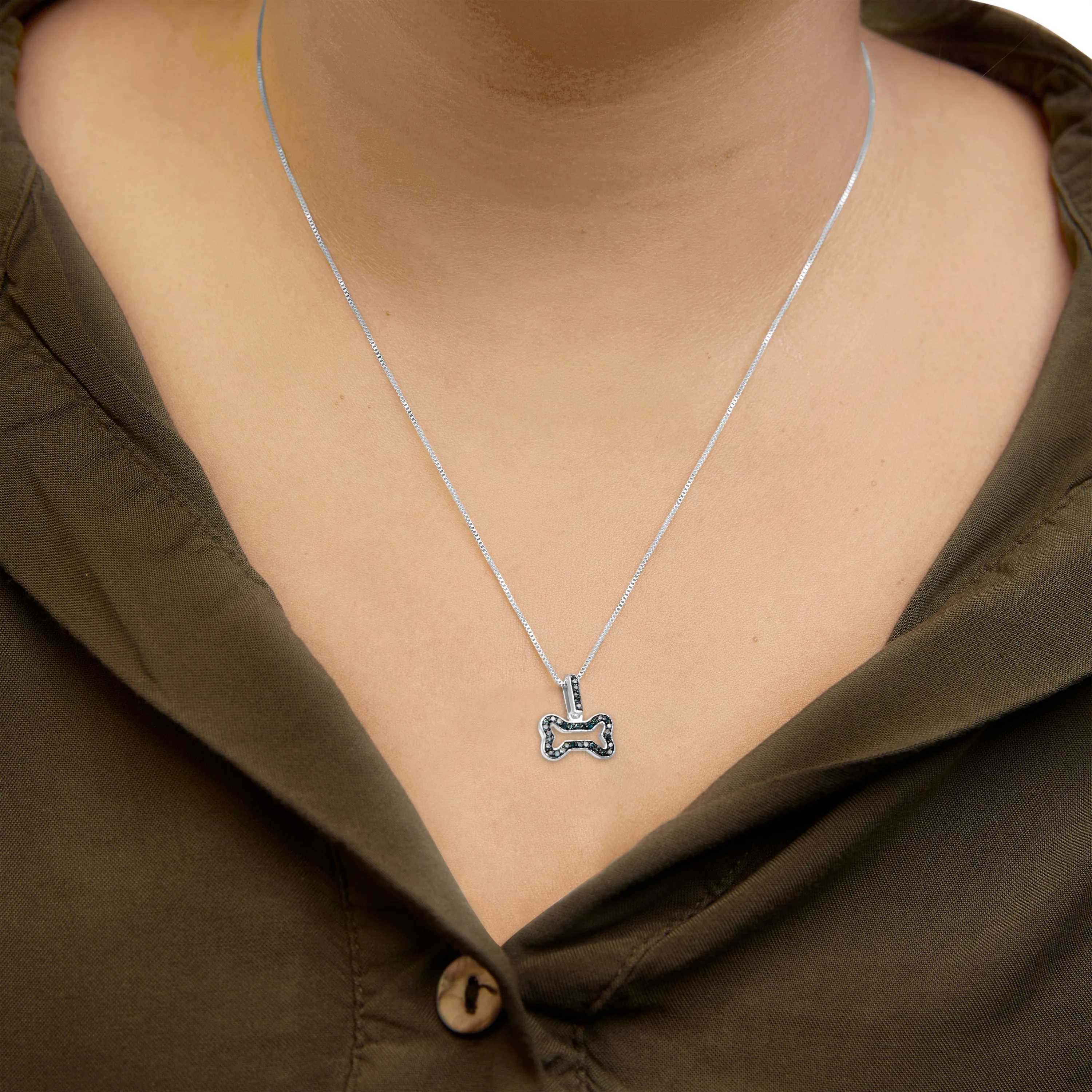 .925 Sterling Silver 1/5 Cttw Blue Diamond Dog Bone Pendant Necklace