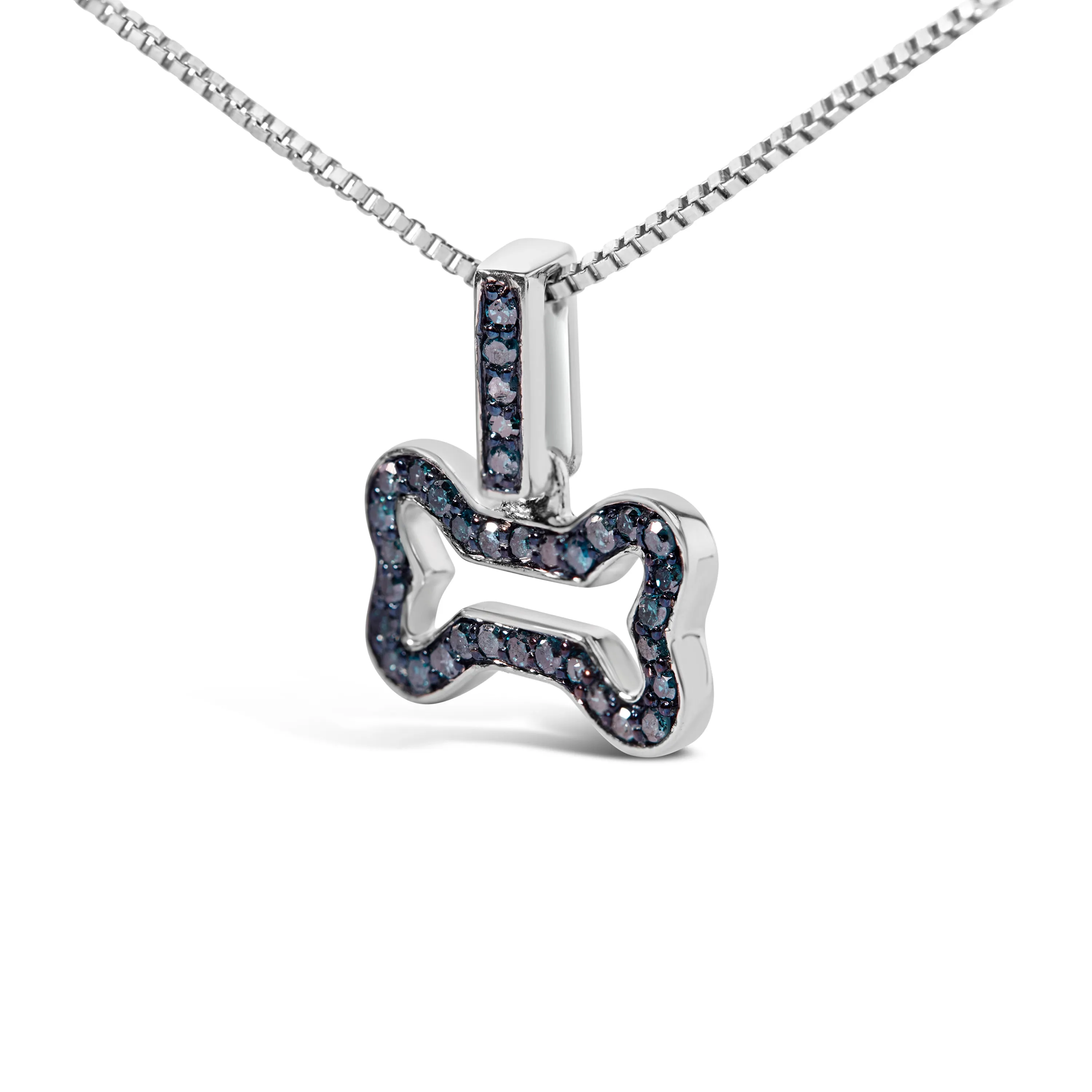.925 Sterling Silver 1/5 Cttw Blue Diamond Dog Bone Pendant Necklace