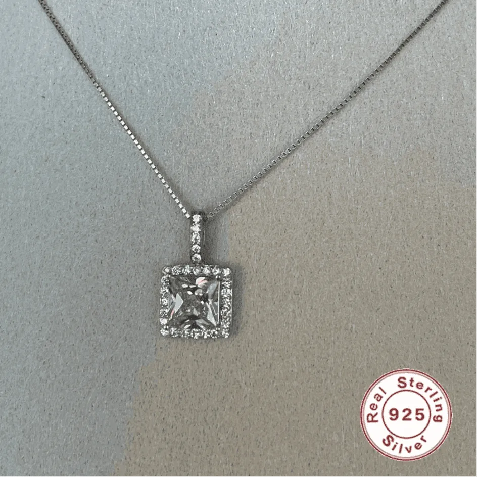 925 Sterling Silver Necklace Charm Jewelry - Super Flash Square Zircon Pendant - Xm389