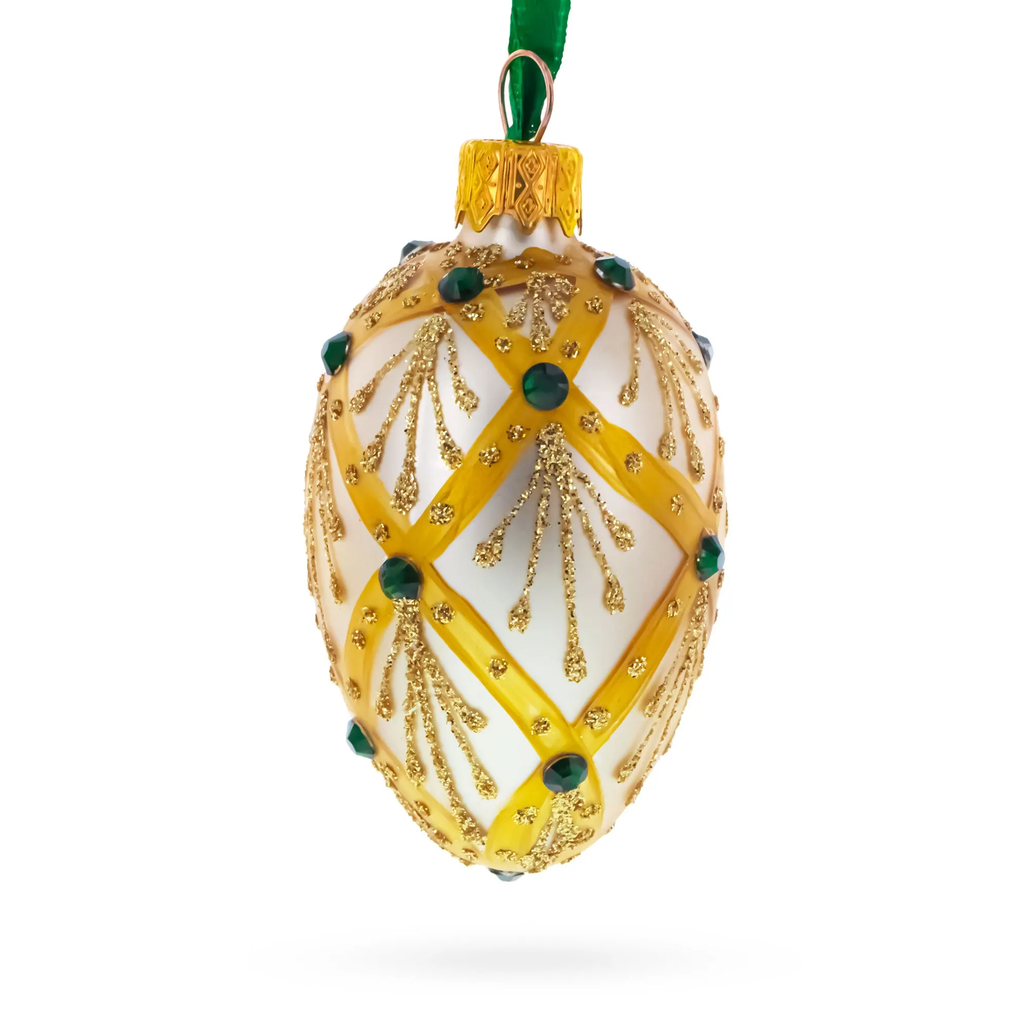 Beige & Emerald Jewel Accented Mini Glass Egg Ornament 2.9 Inches