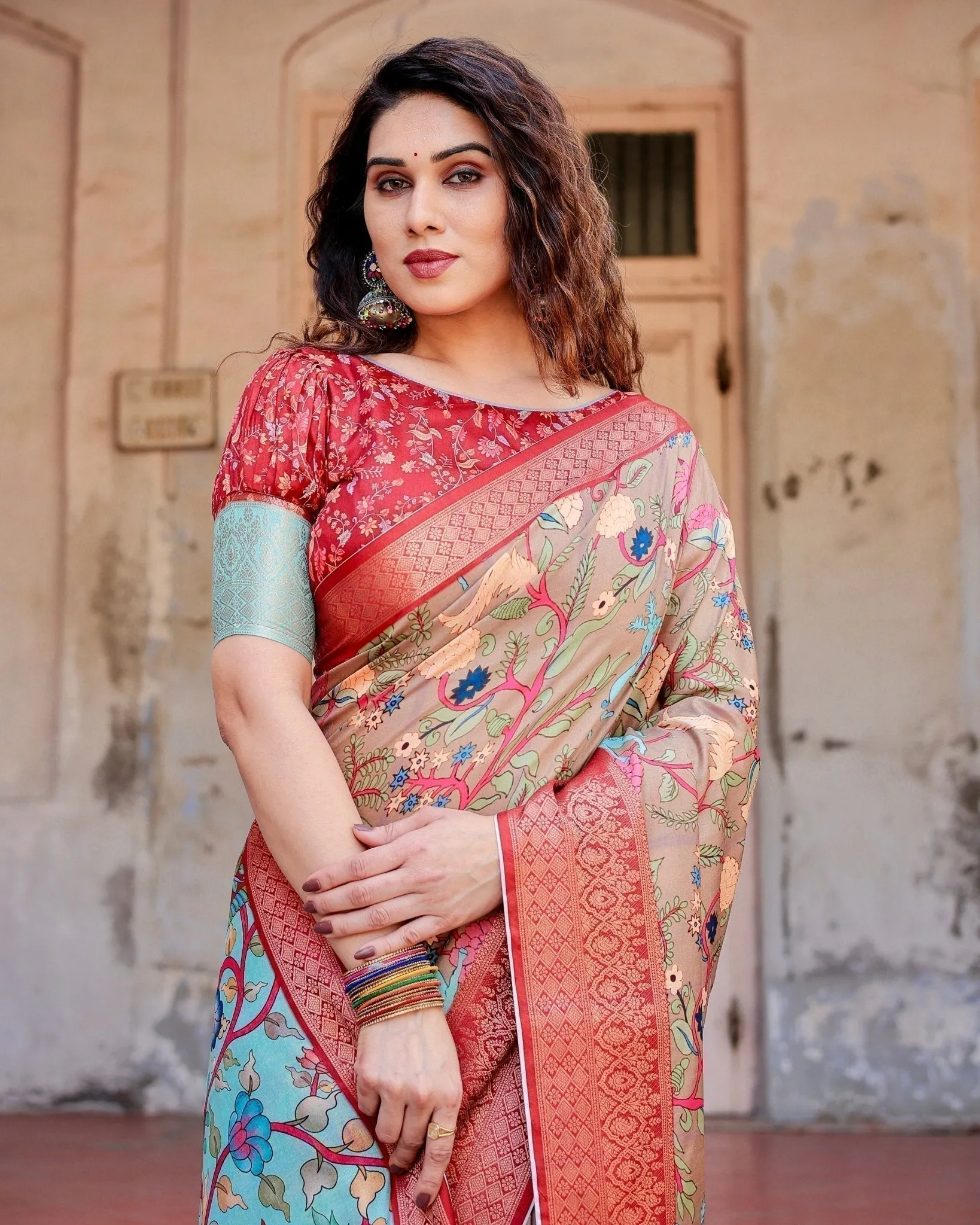 Beige Tussar Silk Saree with Vibrant Multicolor Floral Prints and Red Zari Border