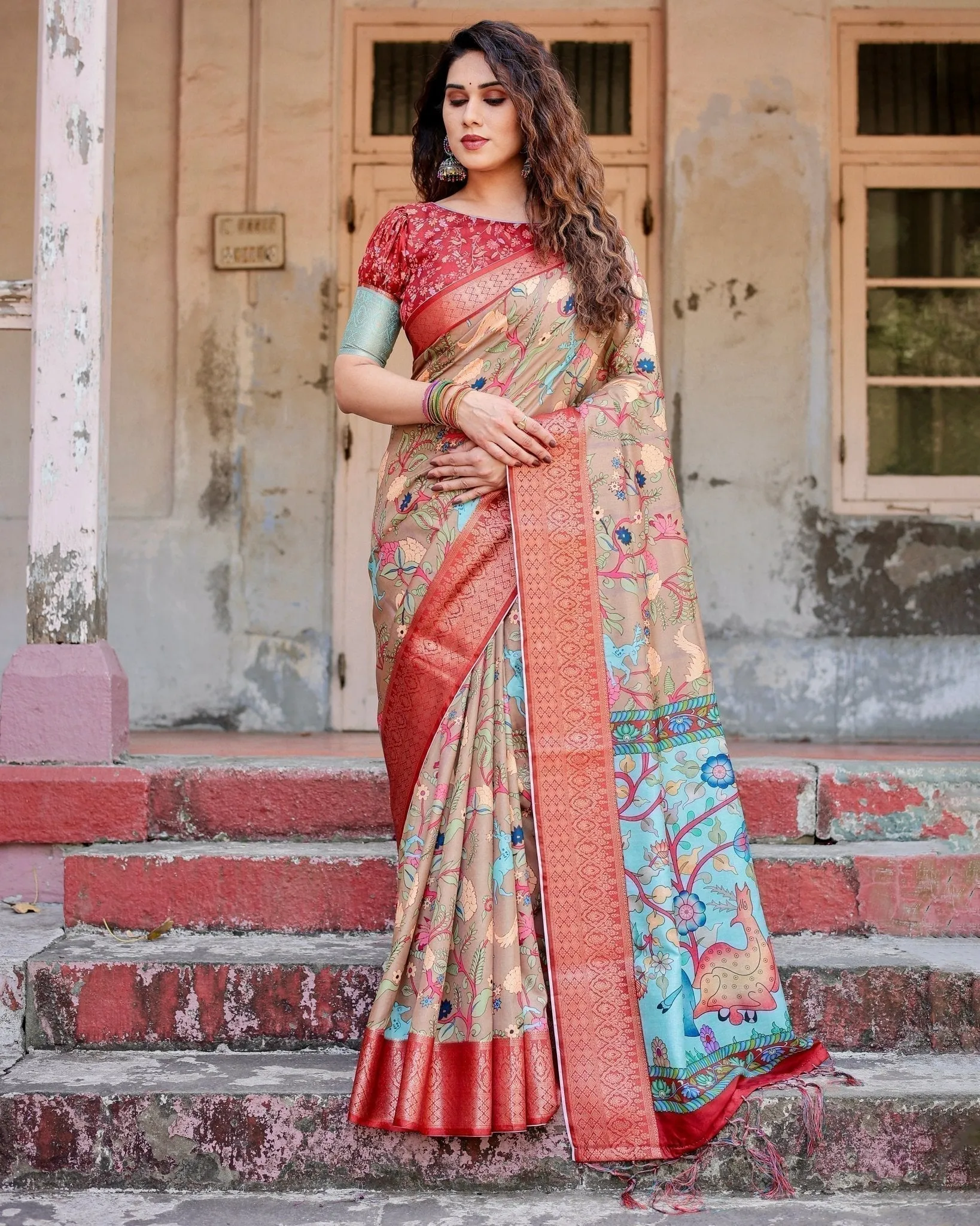 Beige Tussar Silk Saree with Vibrant Multicolor Floral Prints and Red Zari Border