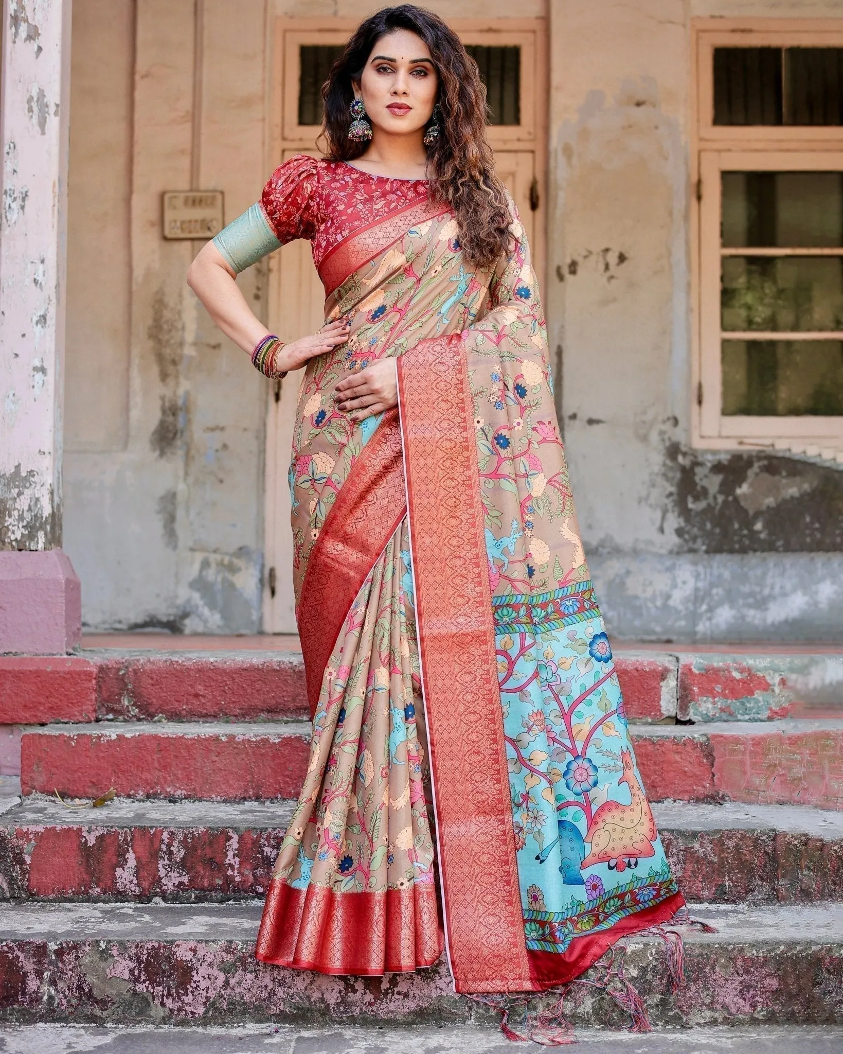 Beige Tussar Silk Saree with Vibrant Multicolor Floral Prints and Red Zari Border