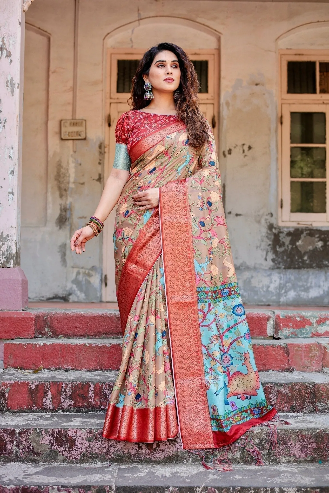 Beige Tussar Silk Saree with Vibrant Multicolor Floral Prints and Red Zari Border