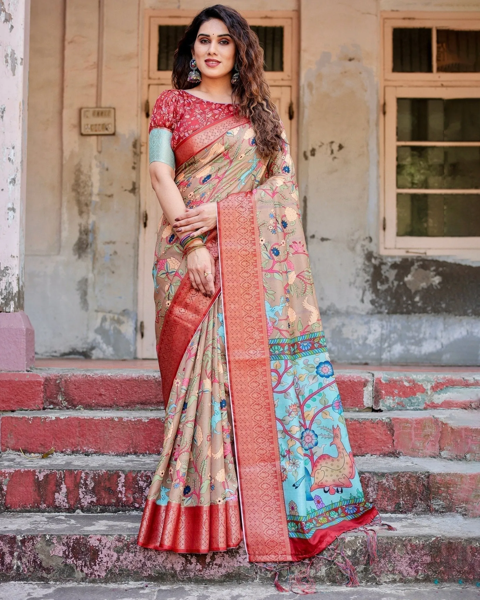 Beige Tussar Silk Saree with Vibrant Multicolor Floral Prints and Red Zari Border