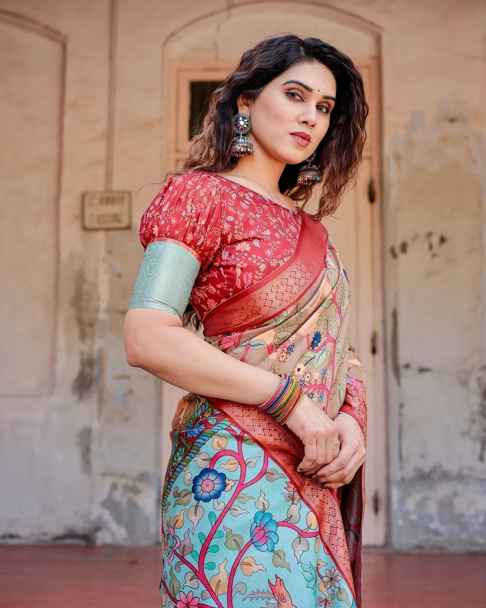 Beige Tussar Silk Saree with Vibrant Multicolor Floral Prints and Red Zari Border