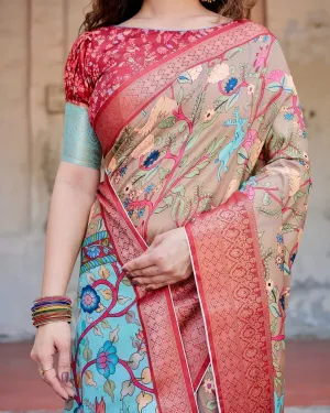 Beige Tussar Silk Saree with Vibrant Multicolor Floral Prints and Red Zari Border