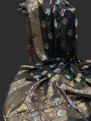 Black Pure Soft Silk Designer Banarasi Saree with Tilfi Butis