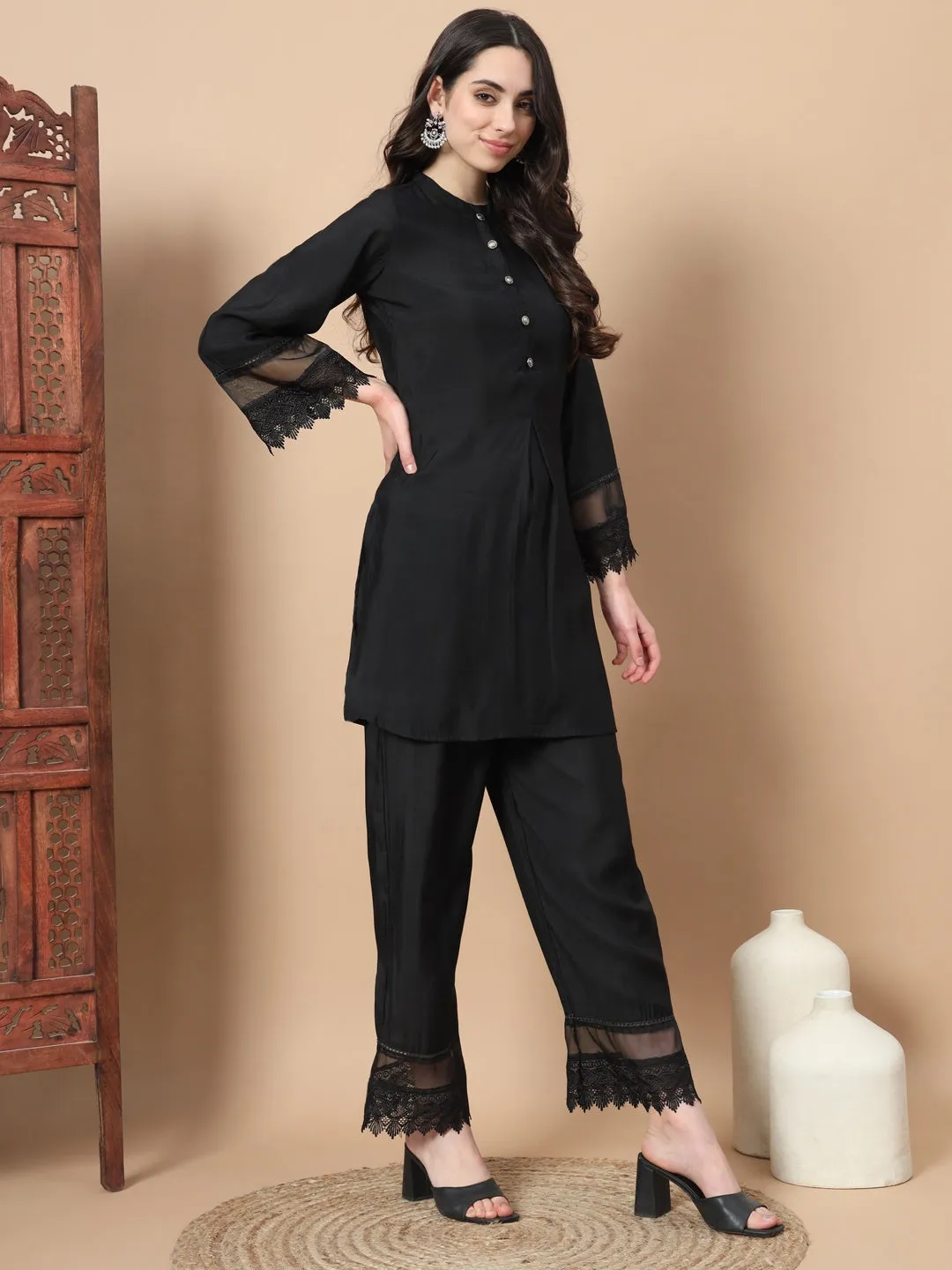 Black Solid Silk Co-Ord Set With Lace Work