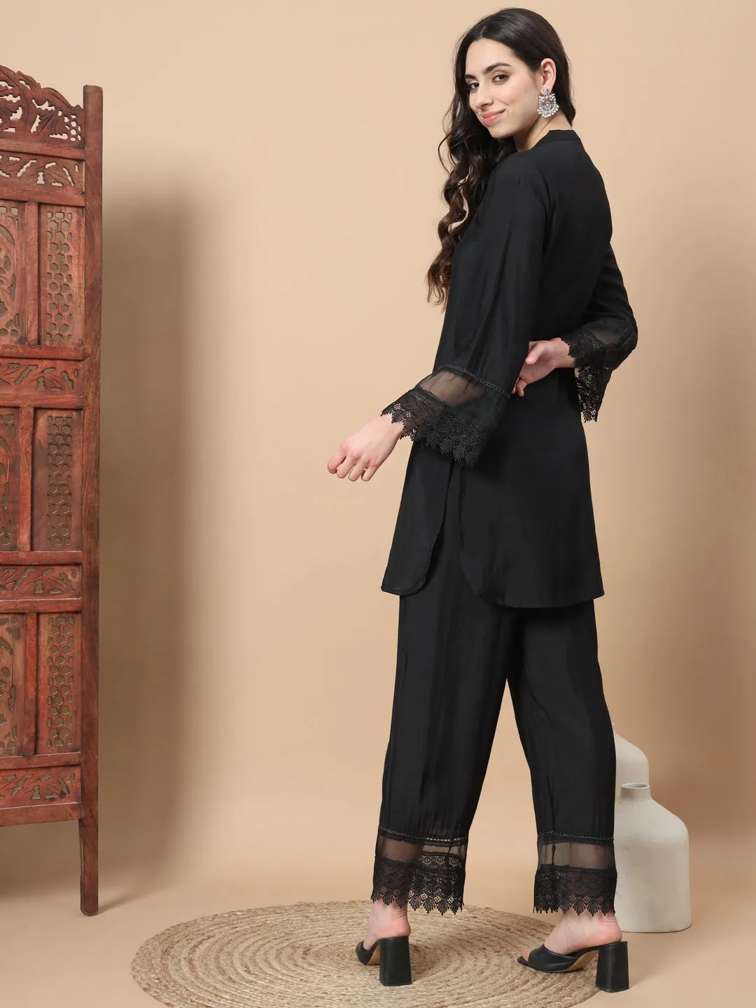 Black Solid Silk Co-Ord Set With Lace Work