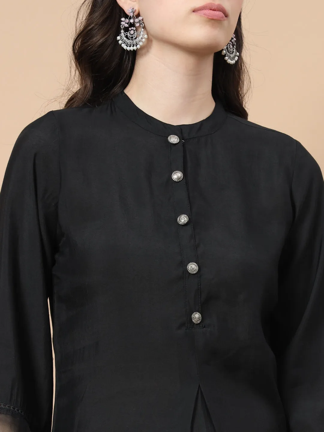 Black Solid Silk Co-Ord Set With Lace Work