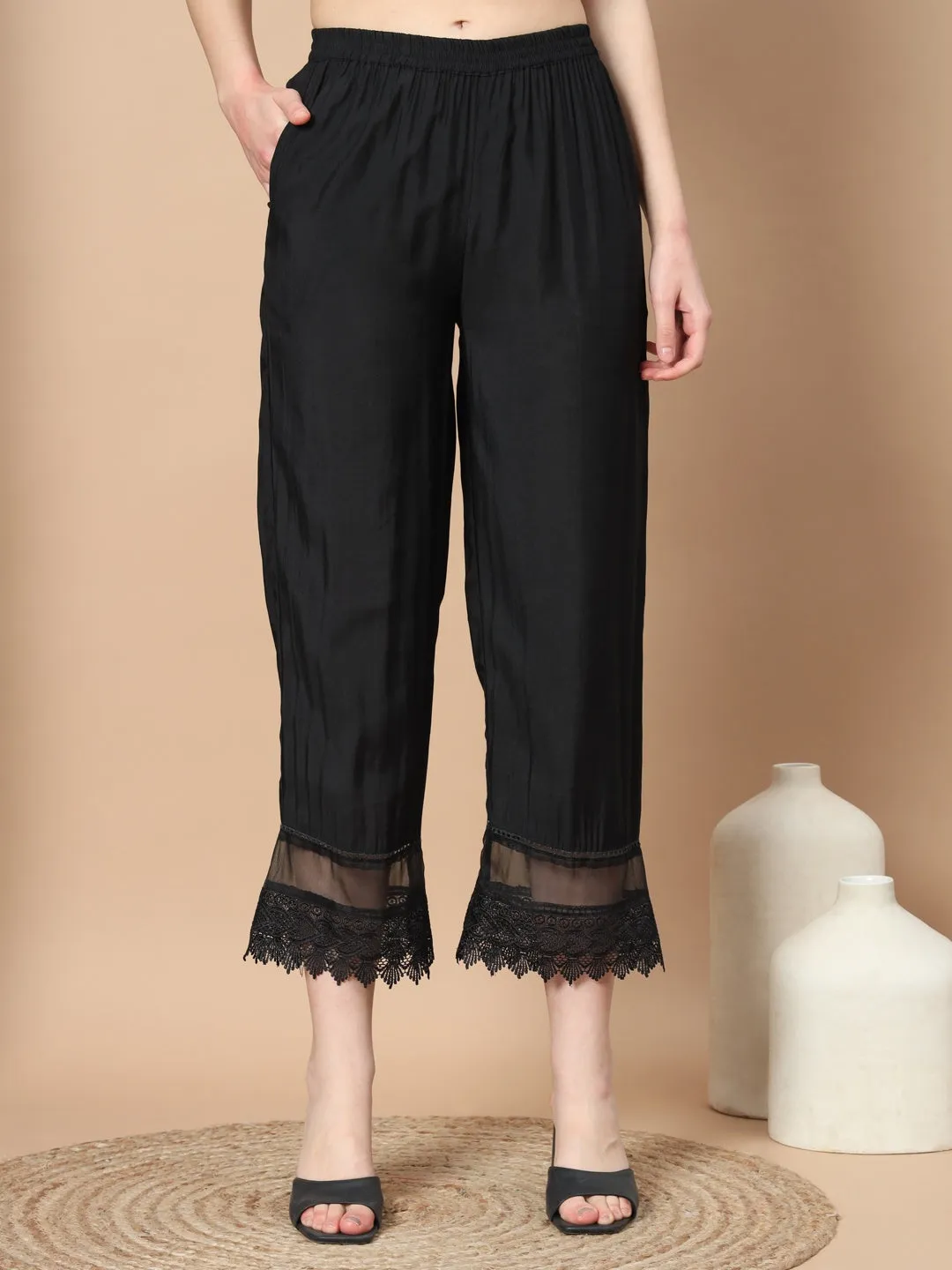 Black Solid Silk Co-Ord Set With Lace Work