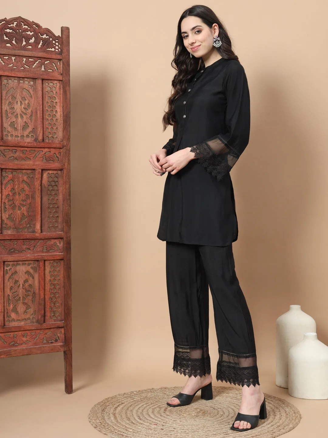 Black Solid Silk Co-Ord Set With Lace Work