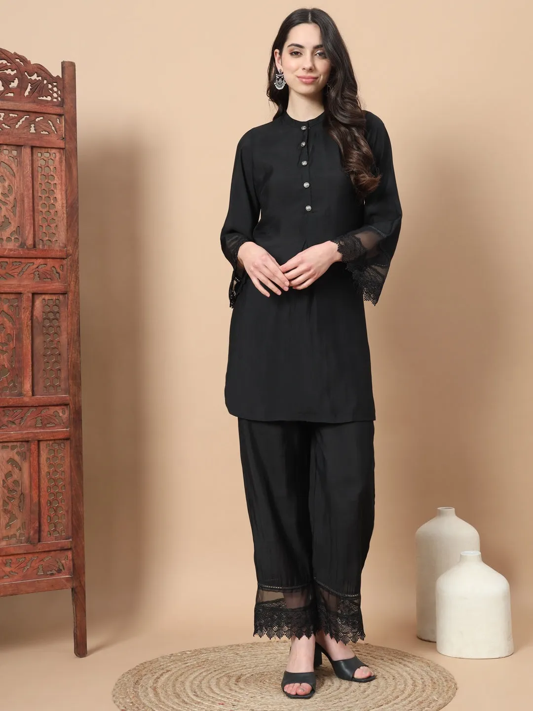 Black Solid Silk Co-Ord Set With Lace Work