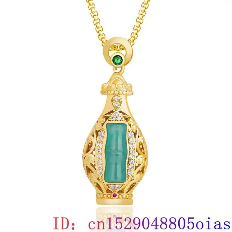 Blue Jadeite Vase Pendant – 18K Gold-Plated Amulet Necklace
