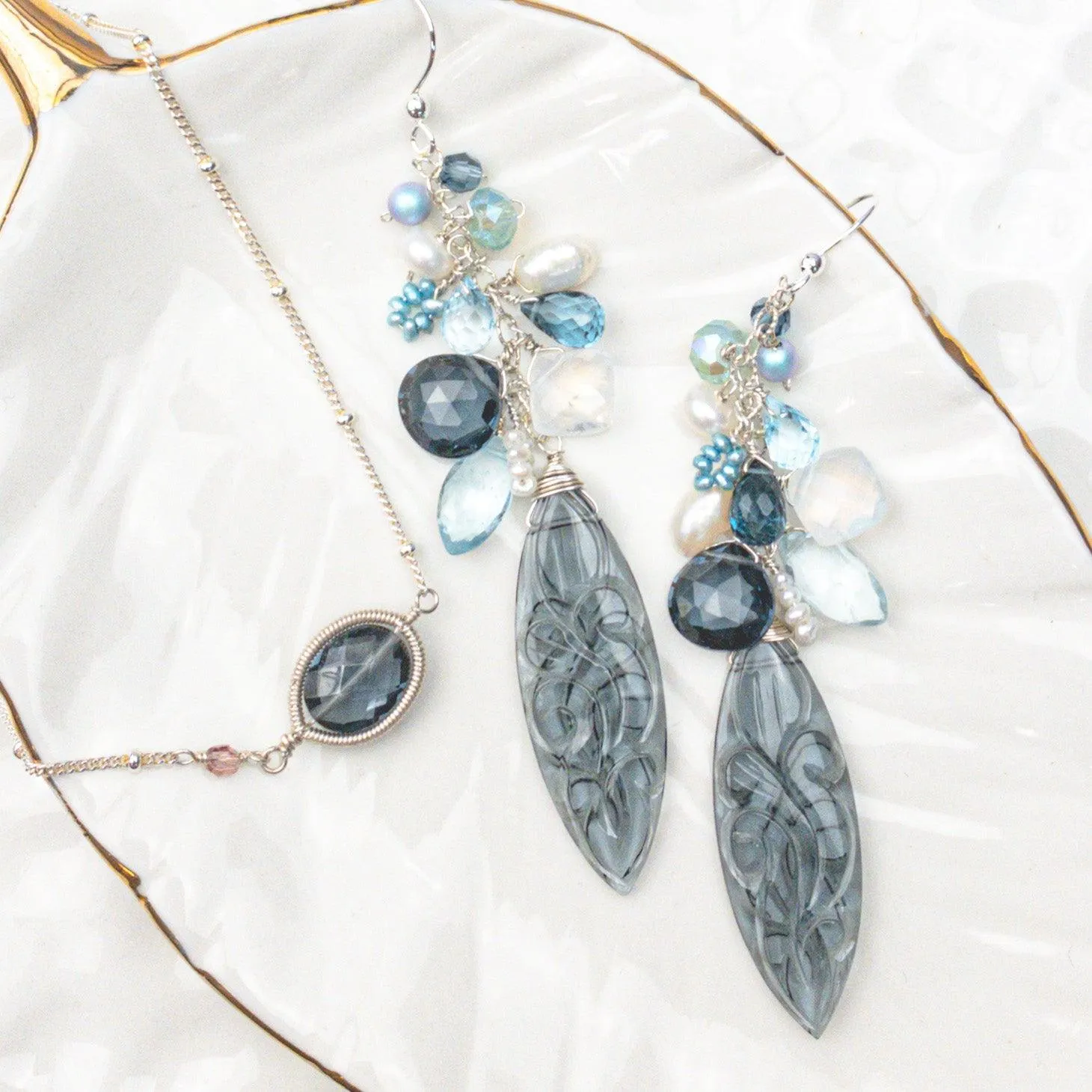 Carved Dark Ocean Grey Statement Earrings