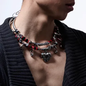 Chrome and Red Heart Skull Necklace