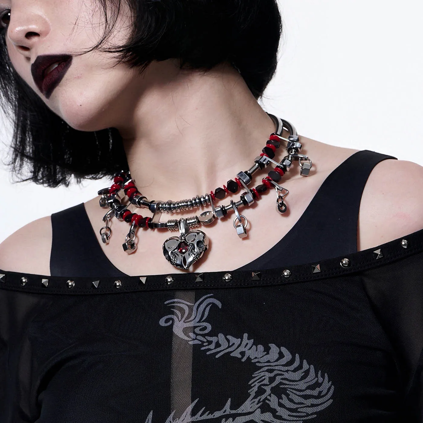 Chrome and Red Heart Skull Necklace