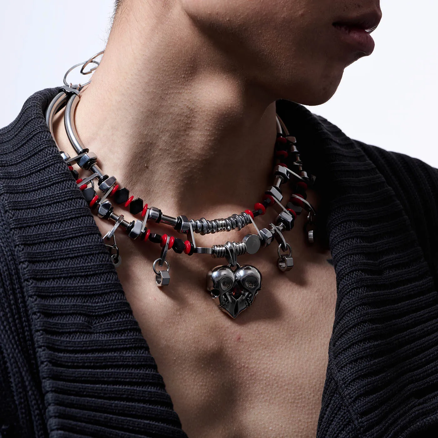 Chrome and Red Heart Skull Necklace