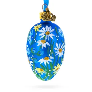 Cobalt Blue with White Daisy Floral Mini Glass Egg Ornament 2.9 Inches