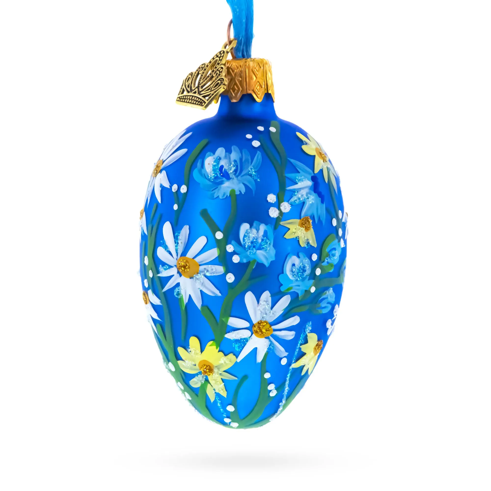 Cobalt Blue with White Daisy Floral Mini Glass Egg Ornament 2.9 Inches